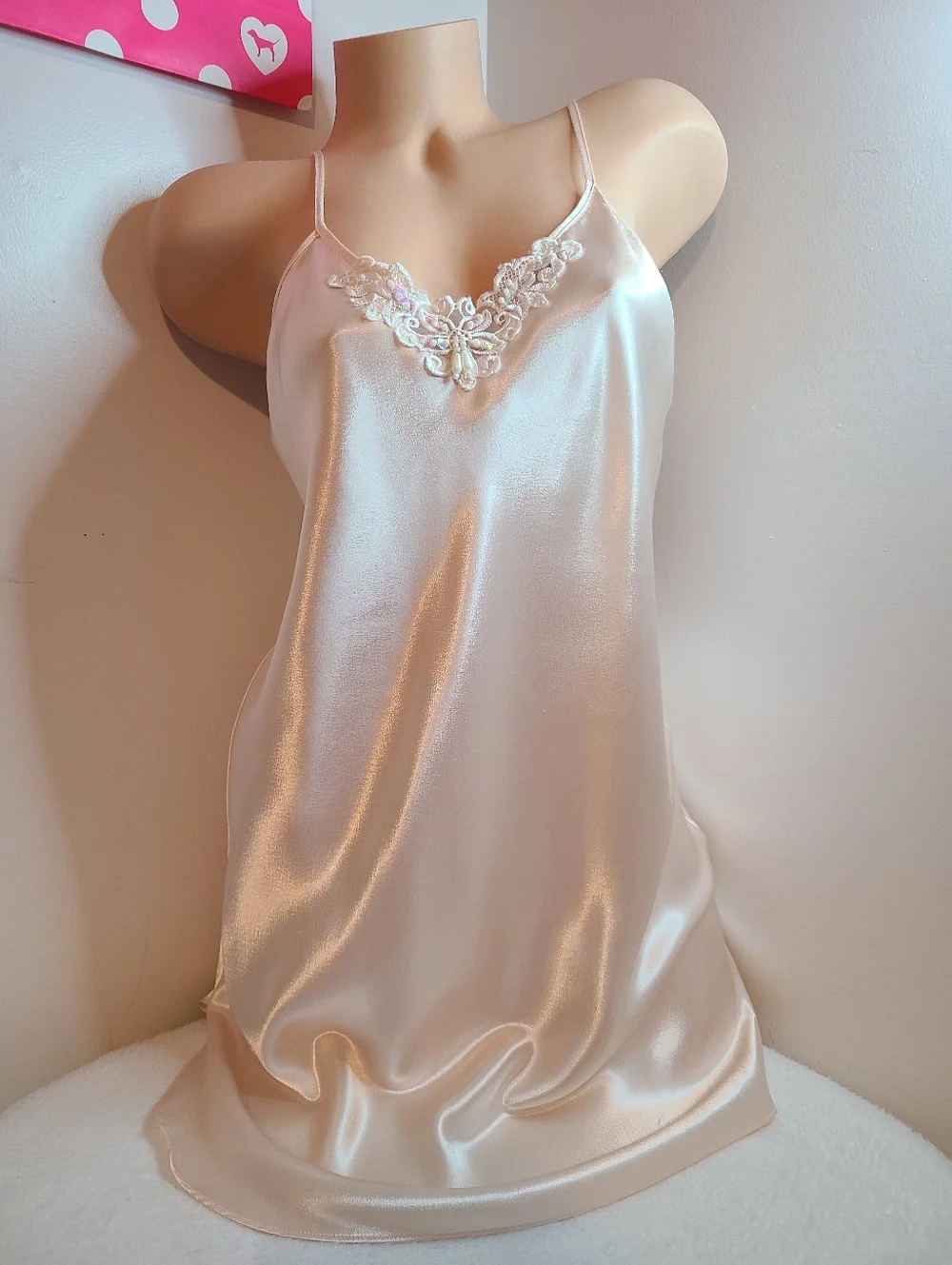 Vintage Silky Satin Bridal Beaded Mini Babydoll Slip Dress Size Small - Picture 1 of 6